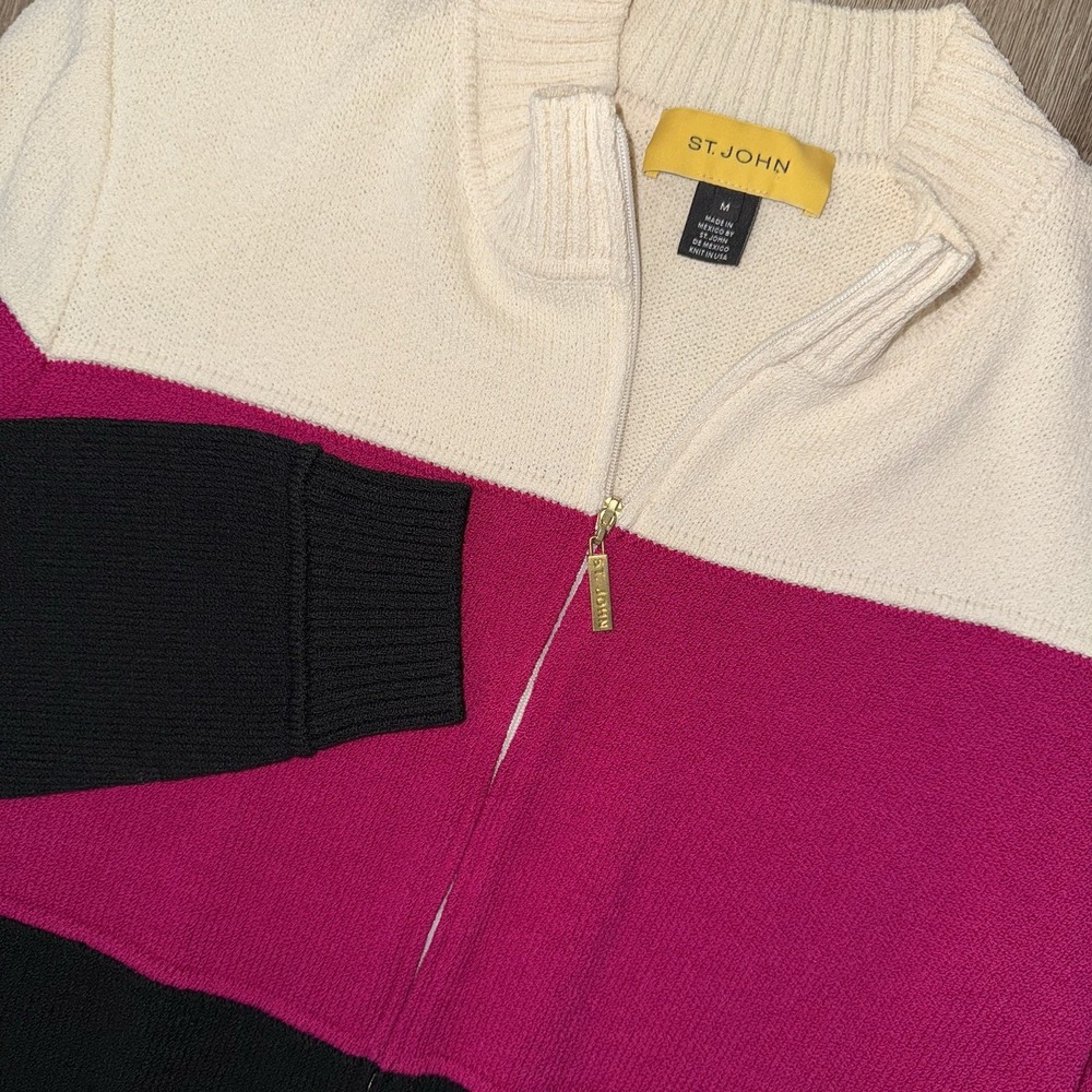 St. John Full Zip Wool Blend Sweater Women's M White Pink Colorblock Cardigan